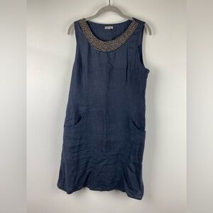 Lina Tomei Navy Linen Beaded Neckline Sleeveless Dress, Size M